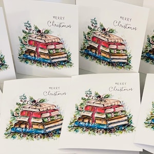 8 Vintage Book Lover Watercolour Christmas Folded Cards, Watercolour Merry Christmas Greeting Cards Stacked Books Christmas Artist Cards