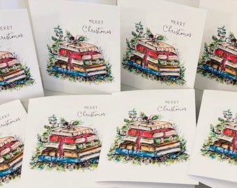 8 cartes pliées de Noël aquarelle vintage pour amoureux des livres, cartes de voeux joyeux Noël aquarelle livres empilés cartes de Noël d'artiste