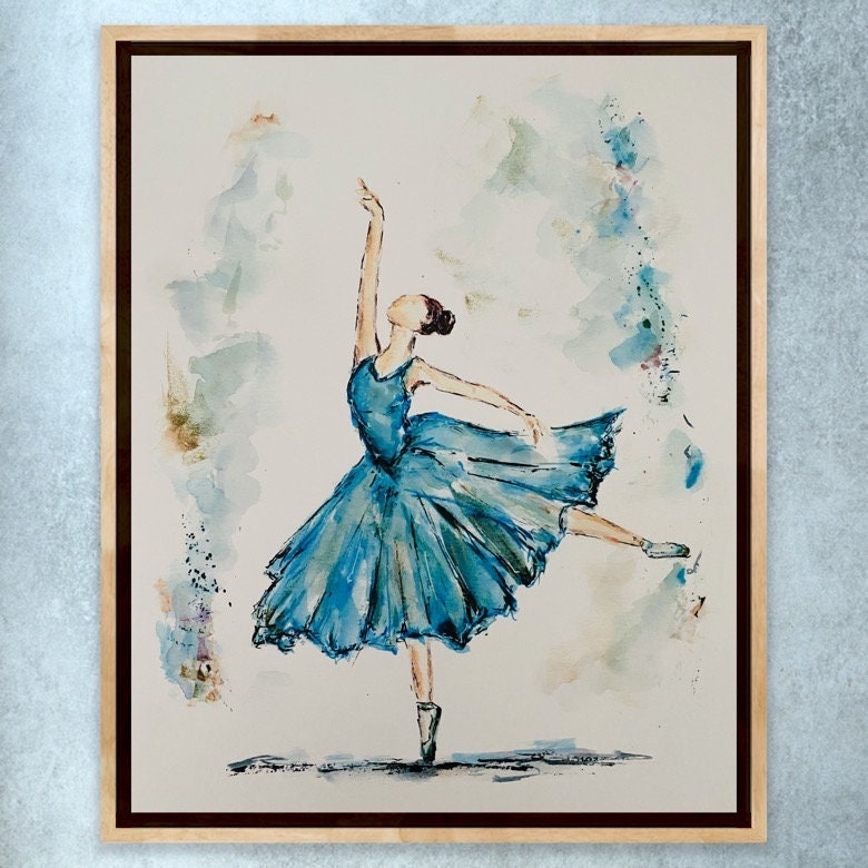 踊るバレリーナのブルードレスプリント、バレリーナの水彩画