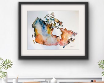 Aquarell Kanadische Karte Print, Buntes Abstraktes Kanada, Canada Day Dekor, Karte Von Kanada