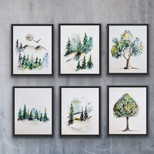 Set mit sechs Aquarellbaum-Vibedrucken, Green Forest Serie mit 6 Aquarelldrucken