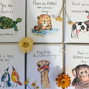Lot de cartes Anniversaire stupide et pensée à vous, cartes de voeux animaux aquarelles drôles, cartes blagues animaux