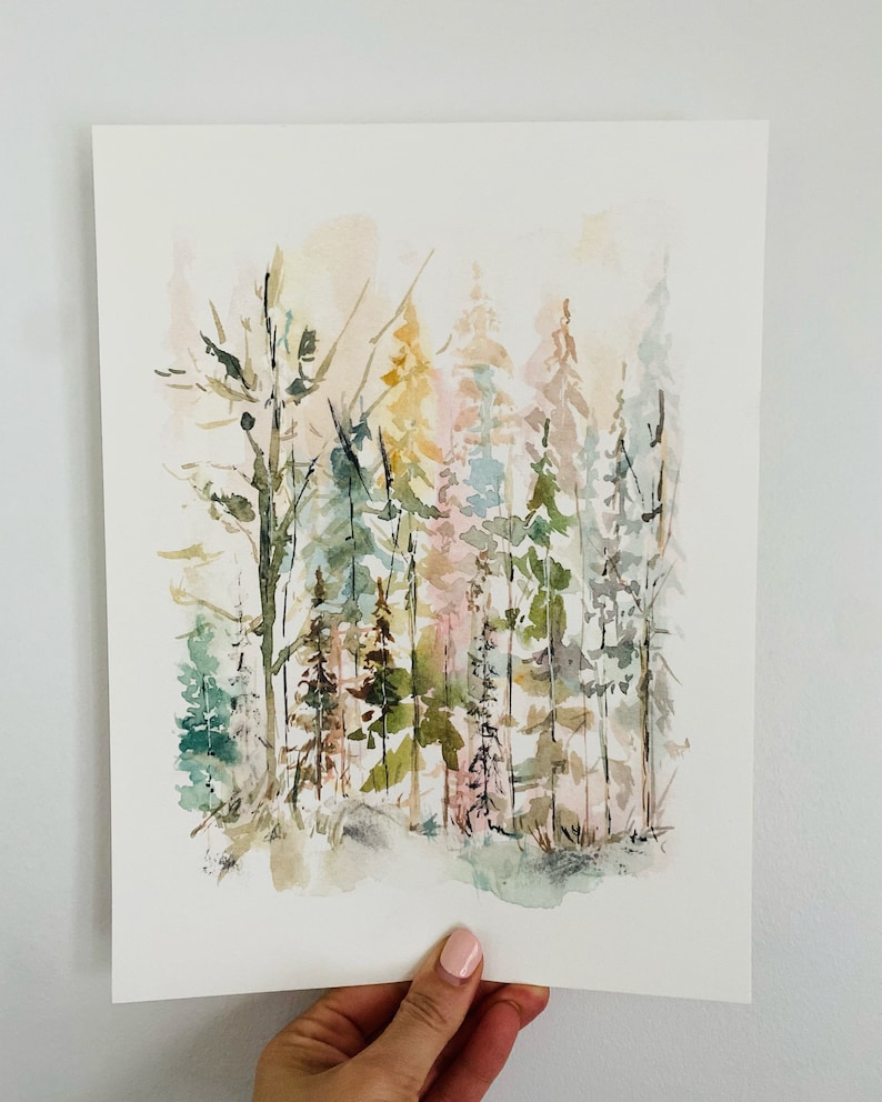 May include: Watercolor painting of a forest scene with a variety of trees in shades of green, blue, pink, and yellow. The trees are painted in a loose, impressionistic style, creating a sense of depth and movement.