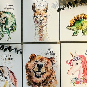 Cartes pour enfants aquarelles sur le thème des dinosaures et des animaux, assortiment de cartes pour enfants, lot de cartes d'anniversaire illustrées pour enfants, garçons et filles