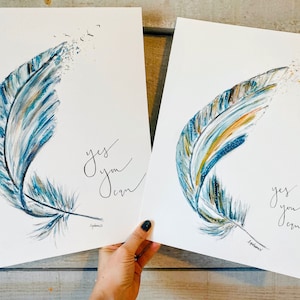 Watercolour Abstract Blue Gold Feather Print, Handlettering Yes You Can, Encouragement Watercolor Wall Art, Feather Design Print