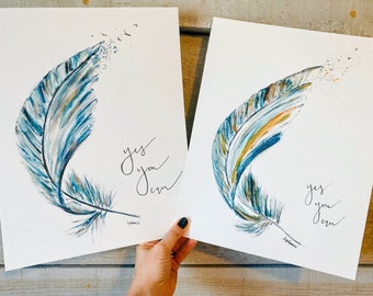 Watercolour Abstract Blue Gold Feather Print, Handlettering Yes You Can, Encouragement Watercolor Wall Art, Feather Design Print