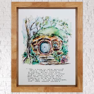 Akwarela wydrukowana nora hobbita, w norze w ziemi mieszkał hobbit, JRR Tolkien LOTR Art, to była nora hobbita, akwarela fantasy