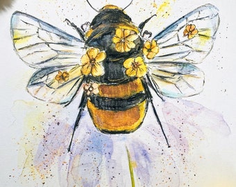 ミツバチの水彩画風花柄プリント、ミツバチの花柄ウォールアート