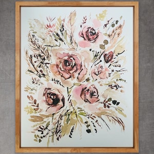 Boho Dusty Rose Watercolor Florals, Watercolour Light Pink White Floral Wall Art, Elegant Loose Roses Pampas Print, Wedding Floral Print