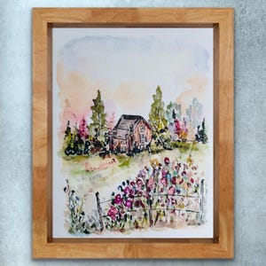 Champ de chalet aquarelle prairie, impression aquarelle de fleurs paysage, art mural champ aquarelle ciel de rêve, beau paysage floral rustique