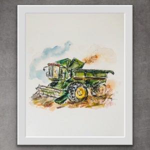 Green Combine Tractor, Watercolor Combine Artwork, Watercolour Farm Machines, Farm Art, FarmHouse Decor, Tractor Combine  Art Print