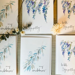 Con tarjetas de condolencias, tarjetas de condolencias, tarjetas de lavanda, tarjetas botánicas, notas de "Pensando en ti", condolencias en acuarela, colores suaves