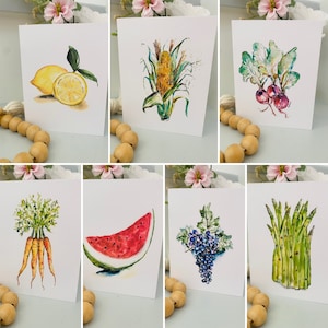 Cartes de voeux vierges de légumes et de fruits, cartes de plantes aquarelles de légumes et de fruits, jeu de cartes plié de jardinier, cartes d'art de pastèque citron