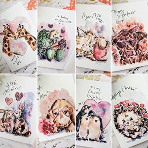 Cute Animal Watercolour Valentines Cards, 8 pack Dog, Kitty, Turtle, Penguins Love Day Greeting Cards, Watercolor Silly Love Animal Artwork