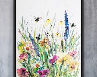 Bijen en wilde bloemen aquarel Art Print, waterige abstracte hommel en bloemen Wall Art Print