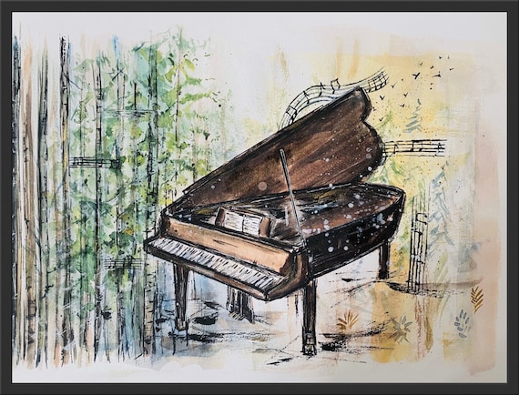抽象的な水彩画のグランドピアノのプリント、水彩画のピアノ音楽