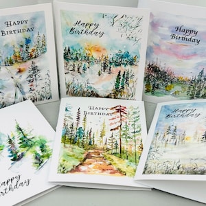Cartes de joyeux anniversaire nature onirique, 6 cartes d'anniversaire pliées forêt, assortiment de cartes de voeux aquarelle arbre, anniversaire générique pour amoureux de la nature