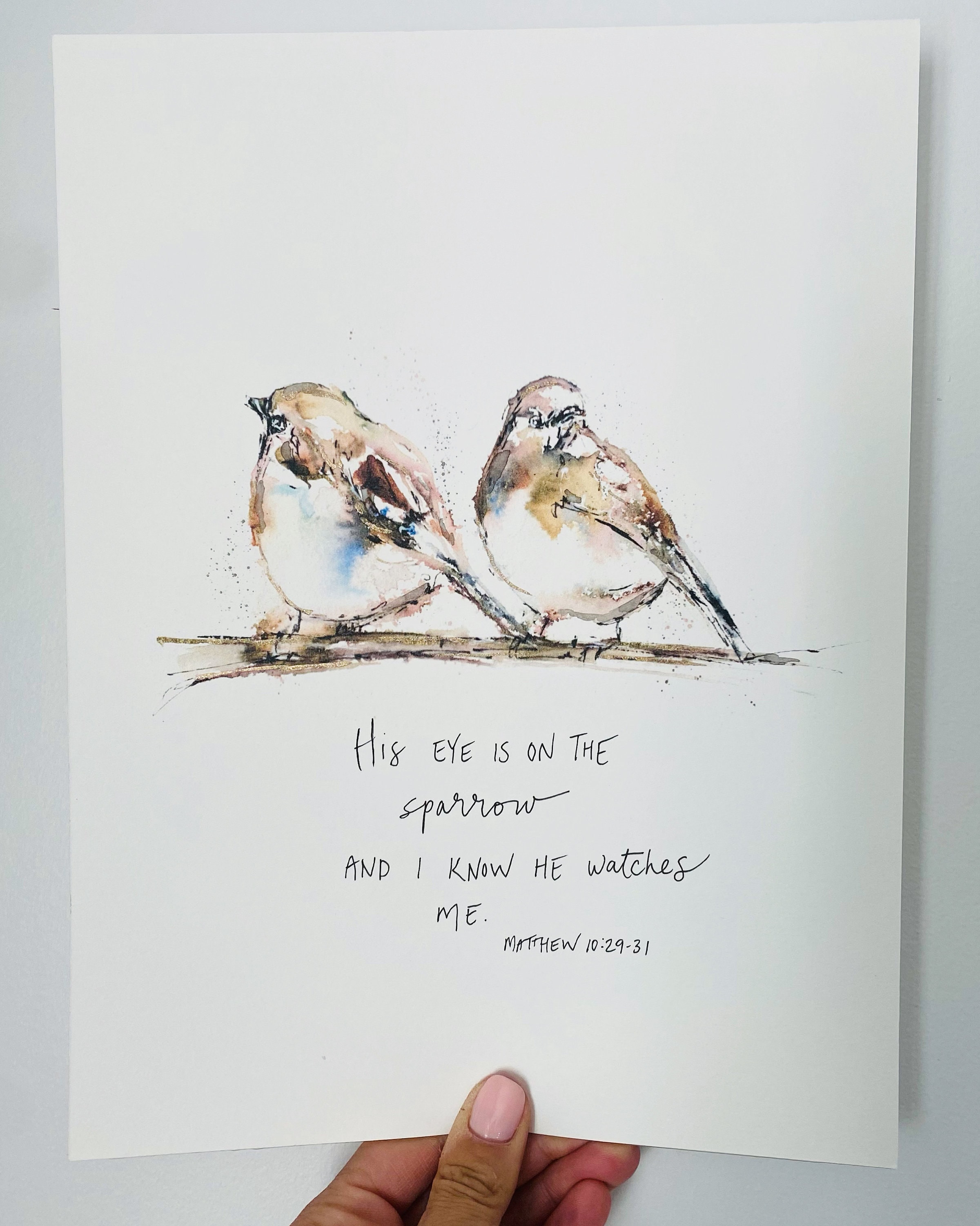 水彩アート「冬の集落　蒼」1点物、手描き真筆。 主の目は雀に注がれている 水彩画の鳥のプリント、二羽の雀と聖書の