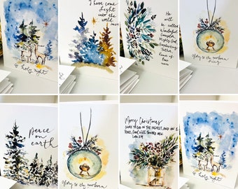 Religious Christian Watercolour Christmas Cards, Package of 8 Bible Verse Christmas Cards, Bundle Scripture Watercolor Christmas Art Cards