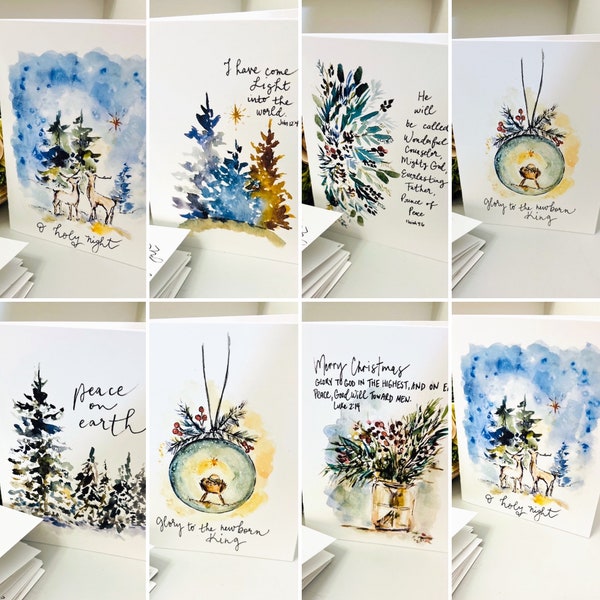 Religious Christian Watercolour Christmas Cards, Package of 8 Bible Verse Christmas Cards, Bundle Scripture Watercolor Christmas Art Cards
