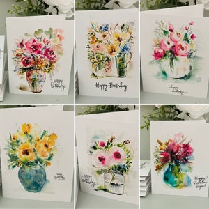 Vase de joyeux anniversaire, mélange de cartes florales de joyeux anniversaire, lot de 6 cartes d'anniversaire aquarelles, cartes pour elle, voeux floraux aqueux