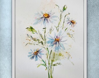 May include: Watercolor painting of a bouquet of blue and white daisies with yellow centers. The flowers are painted in a loose, impressionistic style, with delicate brushstrokes and soft colors.