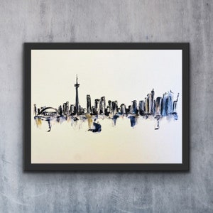 Horizontal City Of Toronto Sky Line Watercolour Art Print, City Line Of Toronto Ontario Wall Art, Abstract Painting of Toronto