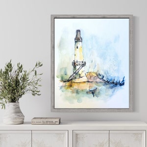 Watercolor Lighthouse With Crashing Waves, Abstract Lighthouse Art Illustration, Lighthouse Print
