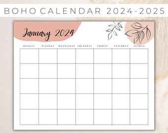 UPDATED 2024-2025 Monthly Calendar Bundle, Neutral Boho Calendar, Monthly Calendar Printable, PDF, Letter Size, Landscape