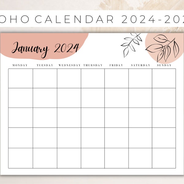 UPDATED 2024-2025 Monthly Calendar Bundle, Neutral Boho Calendar, Monthly Calendar Printable, PDF, Letter Size, Landscape