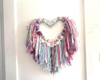 Macrame Heart Shaped BOHO Wreath, Wall Hanging, All Season Home Decor, Rag Wreath, Gift