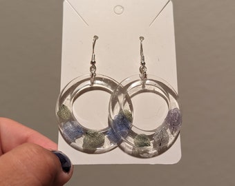 Resin handmade pressed flower earrings blue and green