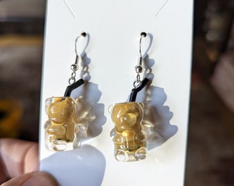 Miniature Boba Matcha Milk Tea Drink with Ice Cube Hooked Dangled Drop Earrings, For Milk Tea Lovers, Handmade Earrings