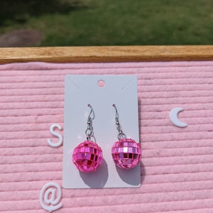 Hot Pink hat Disco Ball Earrings 60's 70's Halloween Earrings Kitsch Earrings Funky Weird Earrings Rave Earring fast shipping