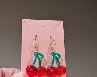 cherry cute earrings, handmade resin cherry earrings Acrylic Cherry Cherries Fruit Fruity Cute Trendy Aesthetic Statement Earrings