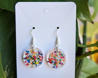 Candy sprinkle resin earrings, Unique Earrings, circle sprinkle rainbow resin earrings