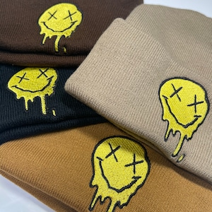 Smiley Face Beanie, Dripping Smiley Face Beanie, Melting Smiley Face Beanie, Yellow Smiley Face Hat