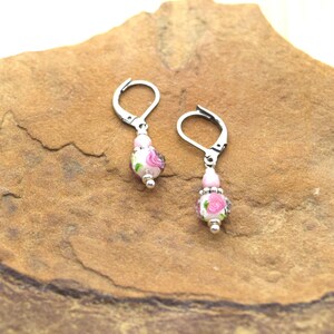 Dangly Tiny Painted Rose inside Glass Bead