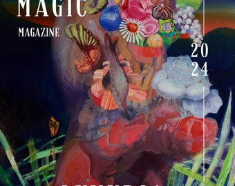May include: Magazine cover art with the text "QUEER/TRANS MAGIC MAGAZINE" and "LUXURIA". The artwork features a colorful, abstract floral arrangement with the year "2024". The cover art is by Christian Rieben.