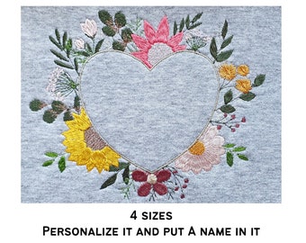 Beautiful personalizable flower heart embroidery design | floral embroidery, embroidery file, 5 sizes, instant download