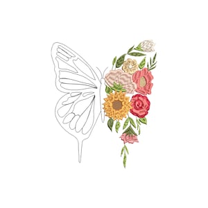 Beautiful modern butterfly with flowers embroidery design | butterfly embroidery, embroidery file, 4 sizes. Instant download