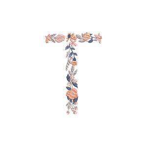 Bordado floral do alfabeto "T" letra maiúscula 10 cm / 4 "fonte floral alta, fonte, desenho de bordado, padrão de bordado de letras de flores