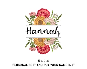 Beautiful personalizable flowers embroidery design | floral embroidery, embroidery file, 5 sizes, instant download