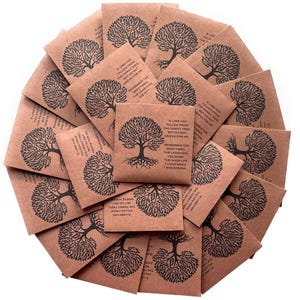 May include: A collection of brown paper packets, each featuring a black tree illustration and text. The packets are arranged in a circular pattern. The text reads: "A limb has fallen from the family tree, but do not grieve for me."