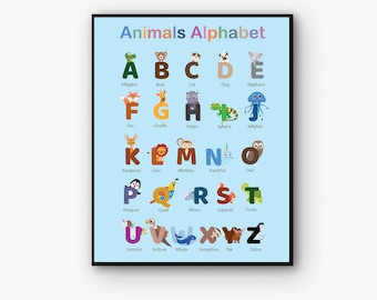ABC Poster, Animal Alphabet Poster Wall Art , Woodland Nursery Decor Educational Chart , ABC Poster Kids Room Decor, Children's Poster, blue