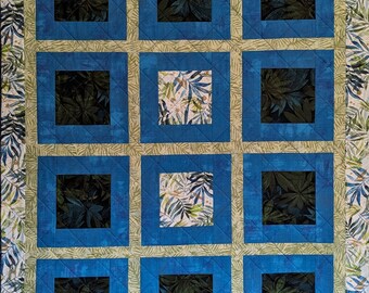 Handmade Tropical Floral Quilted Throw: Blue & Green Bed Topper (54" x 42")