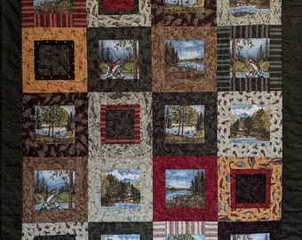 Handmade Lake Cabin Quilted Throw: Fishing Lodge Decor (56" x 46")