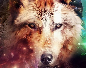 May include: A close-up of a wolf's face with a colorful galaxy background. The wolf's fur is a mix of brown, white, and orange. The galaxy is a mix of pink, purple, blue, and green.