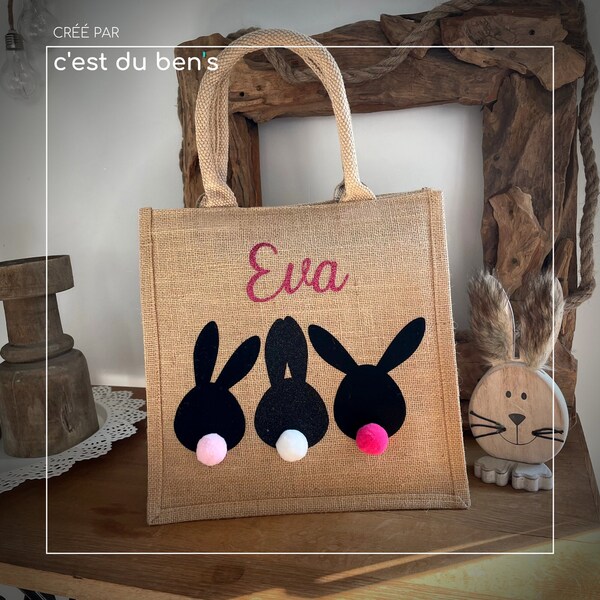 Sac jute Petits lapins avec pompons