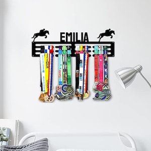 Medal Hanger Holder Display Rack for Awards or Ribbons - Personalized Sports Themed Ribbon Holder for wall- Tiered Award Rack